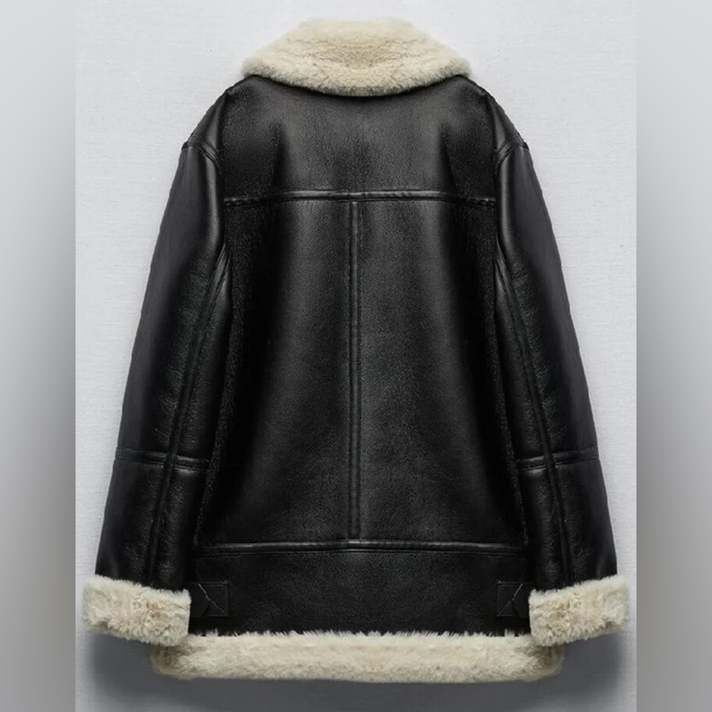 81 moto jacket faux leather faux fur zip up black coat jacket - Picture 5 of 13